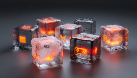 The image showcases a group of translucent cubes, each illuminated from within with a warm, orange glow. The cubes display game-related icons. The composition features a shallow depth of field, with soft lighting and a dark background. This visual could be utilized for promotional materials, website design, or concept art.の素材