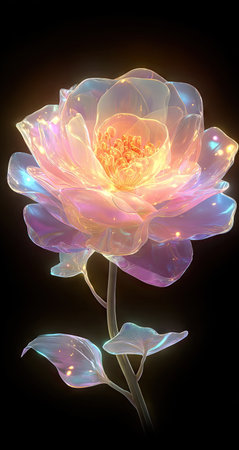 A close-up image showcases a stylized flower with iridescent petals and stem. The flower is rendered with a translucent quality, and the image features a dark background. The scene emphasizes a glowing effect. This image could be suitable for various design projects, web graphics, and editorial uses.の素材