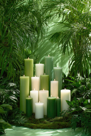 An arrangement of varying shades of green candles stands amidst a backdrop of vibrant green foliage. The candles, arranged at different heights, create a visually appealing display. The scene is illuminated with soft lighting, suggesting an outdoor or indoor setting. This image is suitable for a variety of editorial or commercial purposes.の素材