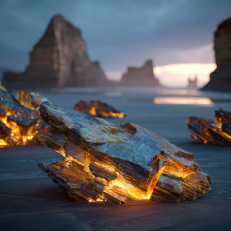 Illuminated rocks are featured on a sandy beach, with a background of towering rock formations under a twilight sky. The scene showcases natural textures and a palette of blues, oranges, and grays. The composition suggests a serene atmosphere, suitable for various editorial and promotional applications.の素材