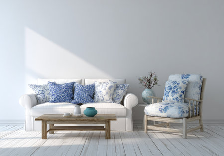 This interior design showcases a white sofa and armchair accented by blue patterned cushions and upholstery. A wooden coffee table and vases with decorative elements complement the seating. The composition is bright, lit by natural sunlight, with a minimalist aesthetic, suitable for use in architectural projects and lifestyle publications.の素材