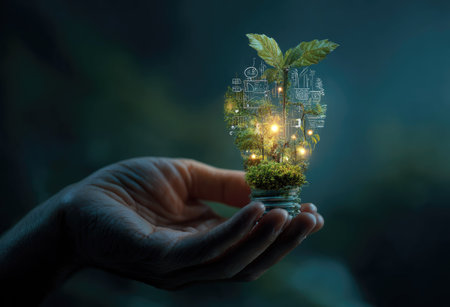 A hand cradles a lightbulb, inside which a miniature city thrives alongside a growing plant. The image showcases a surreal concept with an interplay of light and shadow, highlighting an ecosystem. It features warm, glowing lights contrasted against a dark background, potentially suitable for editorial content or conceptual design.の素材