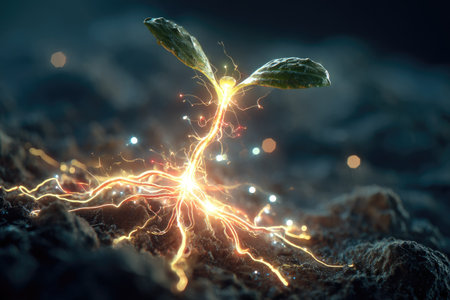 A close-up captures a luminous sprout, its leaves and roots illuminated with vibrant golden energy. The dark backdrop accentuates the glowing plant's form and texture. The image suggests concepts such as new beginnings, potential, and the interconnectedness of life, making it suitable for editorial and commercial use.の素材