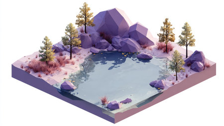 An isometric illustration depicts a tranquil landscape featuring a lake surrounded by trees and rocks. The scene uses soft colors and low-poly geometric shapes creating a stylized artistic style. This graphic design could be used in various commercial projects, including website design or editorial content.の素材