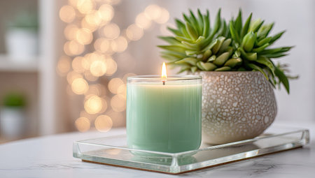 A lit candle, emitting soft light, sits on a glass tray alongside a potted succulent plant. The scene is illuminated by gentle lighting and features a blurred background of bokeh, creating a sense of calm. Suitable for lifestyle, home decor, or wellness themes.の素材