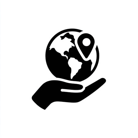 This graphic showcases a hand supporting a globe with a prominent location marker. The image utilizes a simple black and white color scheme. It presents a minimalistic design suitable for various applications, potentially including illustrations for websites, advertisements, or informational materials. Ideal for commercial and editorial purposes.の素材