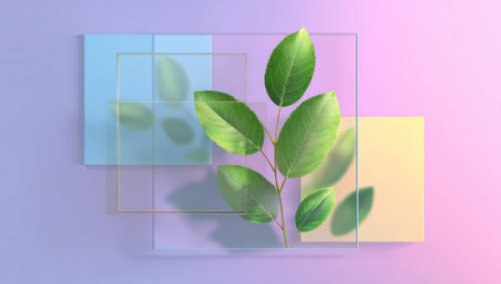A sprig of green leaves rests upon overlapping transparent rectangles and pastel colored squares. The composition presents a modern, clean aesthetic with soft lighting and subtle gradients. This image is suitable for various design projects, web graphics, and editorial content relating to nature, design, or conceptual themes.の素材