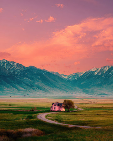 An inviting visual features a small house nestled amongst a vast landscape of fields and mountains, illuminated by a warm, colorful sky. The composition emphasizes the natural beauty, with a winding road leading towards the dwelling. This image could serve various uses, from commercial projects to editorial designs.の素材