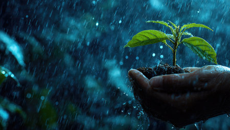 A close-up image depicts a hand cradling a young plant against a backdrop of falling rain. The plant's vibrant green leaves contrast with the darker soil and the blurred blue tones of the rain. The composition suggests an outdoor setting, potentially a garden or natural environment. This image could be used for illustrations about sustainability and environmental topics.の素材