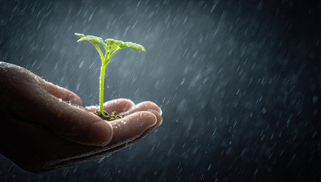A hand cradles a young sprout in a scene of heavy rain. The image displays a soft focus, with the sprout and hand in clear view. The background is a dark gradient suggesting a moody environment. Suitable for articles related to environment, nature, and growth.の素材