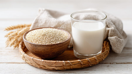 A wooden tray displays a bowl of quinoa and a glass of milk. The composition features a natural aesthetic with warm tones and soft lighting. The image suggests a healthy eating lifestyle, suitable for various editorial and commercial applications. The scene is set on a light wooden surface.の素材