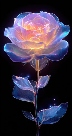 A luminous rose is depicted with translucent petals and stem, highlighted against a stark black background. The flower emits a vibrant glow in shades of blue, purple, and yellow. The artistic composition utilizes a soft lighting style. This image could be suitable for various design projects.の素材