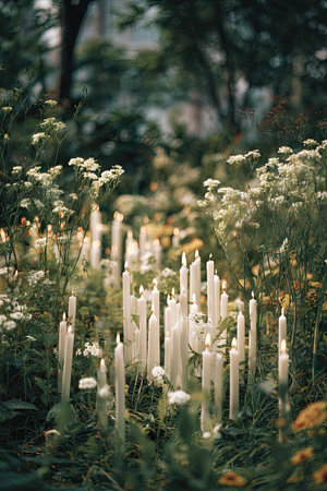 Numerous white candles stand among lush green plants and delicate white flowers in this outdoor shot. The candles, of varying heights, are evenly spaced. The soft, natural light and depth of field create a tranquil, atmospheric setting. Suitable for various uses including editorial and illustrative purposes.の素材