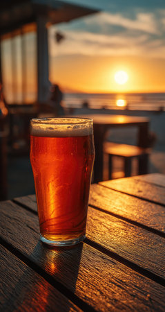 A glass of amber beer sits on a wooden table, bathed in warm sunset hues. The image showcases the beer's transparency and the wood's texture under the direct sunlight. The composition focuses on the beer as a central element, suggesting leisure and relaxation in an outdoor setting. This image could be used for advertising purposes.の素材