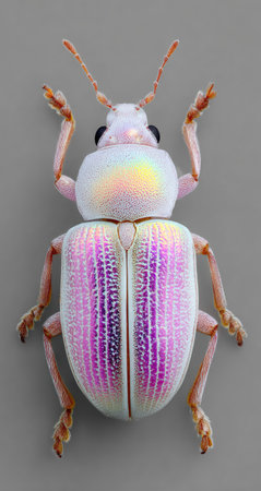 An overhead view reveals a detailed macro of an iridescent beetle. The insect displays purple and white hues across its shell and body. The studio setting utilizes even lighting, highlighting the insect's texture. Suitable for various editorial and commercial applications, including educational resources.の素材