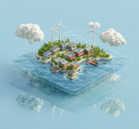 An isometric illustration depicts a compact island village. The scene showcases houses with solar panels and wind turbines, suggesting sustainable energy. The image is rendered with a clean, digital aesthetic, featuring bright colors and a stylized water environment. This image is well-suited for use in environmental, technological, or conceptual projects.の素材