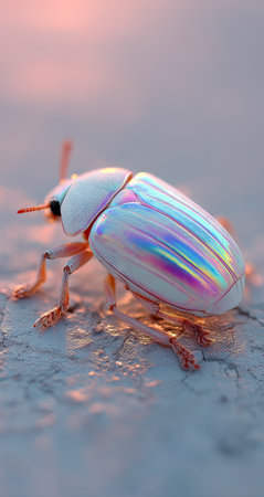 A close-up photograph features a beetle with iridescent wings. The image highlights the insect's texture and form, with soft lighting enhancing the colors. It suggests a natural setting, possibly captured during daylight. This image could be used for scientific publications or decorative purposes.の素材