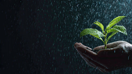 A hand cradles a small, green sprout, set against a dark, blurred background with falling water droplets. The image showcases natural textures with a contrasting use of light and shadow, highlighting the plant. This conceptual illustration could be utilized for various commercial projects related to environmentalism, renewal, or hope.の素材