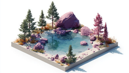 An isometric illustration presents a serene pond scene. It features a body of water encircled by trees, rocks, and vegetation. The composition uses a flat, stylized aesthetic with a bright, clean background. This image is suitable for various design projects, web content, and could be utilized for advertising or editorial purposes.の素材