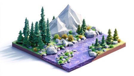 An isometric illustration depicts a mountain landscape with a flowing river and surrounding trees. The scene showcases vibrant greens and purples, rendered in a low-poly style. It suggests an outdoor setting, likely daytime, and could be suitable for various design projects and editorial content.の素材