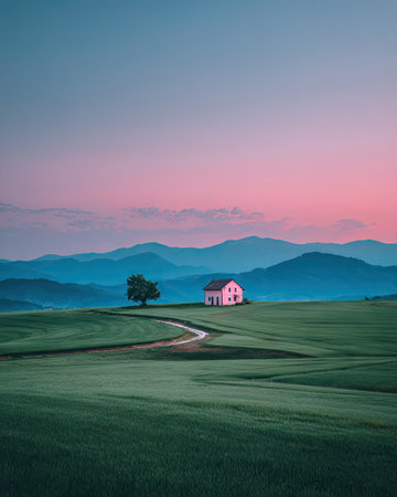This tranquil image presents a quaint house perched atop a green grassy hill under a gradient sky. The scene is bathed in soft pastel colors, with hues of pink and blue blending together. The composition highlights rolling hills and a winding road, suggesting a serene natural environment suitable for various illustrative purposes.の素材