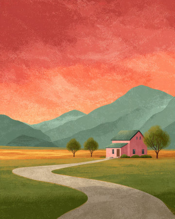 An illustration depicts a pastoral scene featuring a house, rolling hills, and a road. The sky is filled with vibrant orange and red hues, contrasting with the green of the landscape. The style is painterly, with a focus on color and texture. Suitable for various editorial and commercial applications.の素材