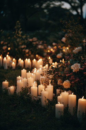 Numerous glowing candles illuminate a garden scene. The image showcases varied heights and arrangements of candles amid greenery and flowers. Warm tones and soft lighting create a serene and intimate ambiance. This imagery could be utilized for various commercial and editorial projects.の素材