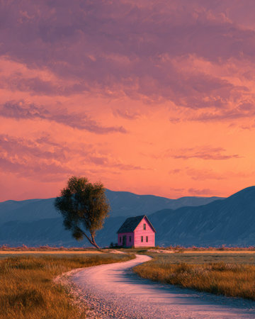 An inviting landscape showcases a small house nestled amongst fields, under a vibrant sunset. A solitary tree stands beside a winding road, leading towards the building. The composition uses warm tones, soft textures, and a panoramic perspective, suitable for various editorial and commercial applications. The scene evokes a sense of peace.の素材