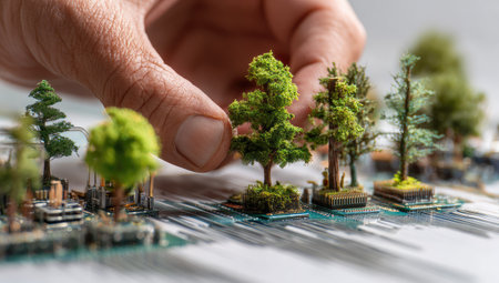 An overhead shot depicts a hand carefully placing miniature trees onto circuit boards. The scene showcases a variety of small, green trees against a backdrop of electronic components. The composition suggests themes of integration, environment, and technology. Suitable for projects related to sustainability, design, and innovation.の素材