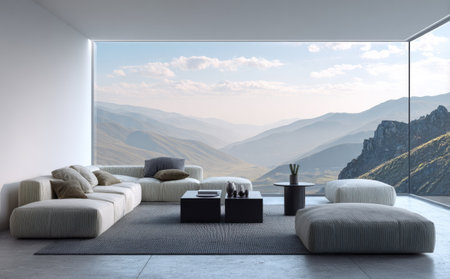 A contemporary living space features a large window framing a scenic mountain vista. Soft, neutral tones dominate the interior with a gray carpet, white sofa, and dark furniture. The composition emphasizes clean lines and natural lighting. Suitable for use in architecture, interior design, or lifestyle publications.の素材