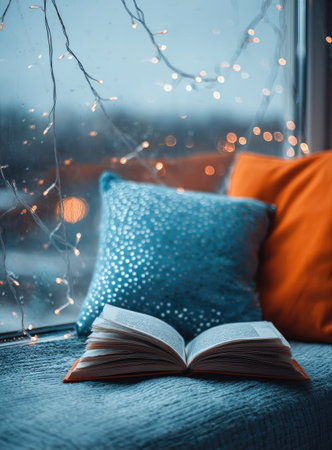 An open book rests on a soft pillow set against a window. The scene features a cozy arrangement with other pillows in warm colors. Soft, diffused lighting creates a serene atmosphere. This composition is suitable for editorial and commercial use.の素材