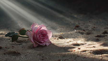 A single pink rose lies on a sandy surface, illuminated by striking rays of light. The composition highlights the flower's delicate petals and the texture of the sand. The image features a dark background with overhead lighting, creating a dramatic visual effect suitable for various commercial and artistic applications.の素材