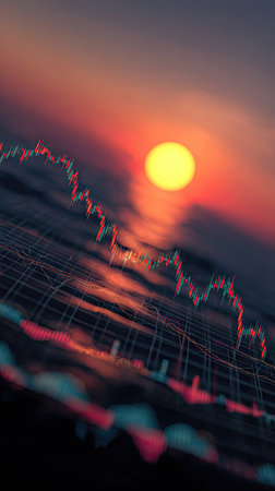 An image displays a stock market graph superimposed over a dramatic sunset. The graph features red and blue lines, indicating market fluctuations. The composition highlights a grid pattern with the setting sun as the focal point. This visual is suitable for various commercial uses, including financial publications and presentations.の素材