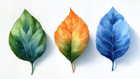 This illustration showcases three stylized leaves in shades of green, orange, and blue. The artwork employs watercolor techniques, featuring intricate vein details and subtle gradients. Soft lighting enhances the leaves, creating a sense of depth against a clean white backdrop. Suitable for various design applications, including print and digital media.の素材