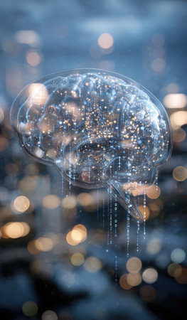 A translucent brain graphic overlays a soft focus cityscape at dusk. Light emanates from internal nodes, suggesting neural pathways and data flow. The composition utilizes a shallow depth of field, with bokeh effects and a cool color palette. The image conveys ideas of technology and intelligence suitable for editorial or commercial purposes.の素材