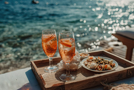 Two refreshing cocktails with orange slices are presented on a wooden tray alongside snacks. The image showcases a bright, airy composition with vibrant colors and natural lighting. The scene suggests relaxation and leisure, suitable for commercial applications related to food, beverages, or lifestyle.の素材