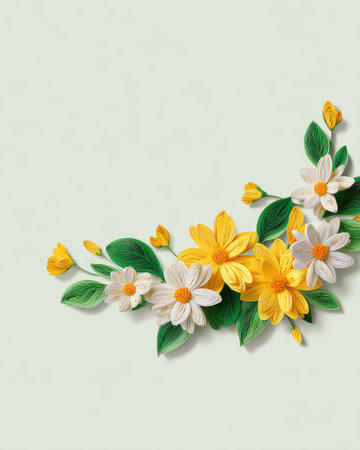 This image showcases a delicate floral arrangement featuring bright yellow and pristine white flowers. The composition includes green leaves that complement the blooms. The soft lighting and pastel background evoke a sense of freshness. This visual could be utilized for various commercial purposes, encompassing design or editorial uses.の素材
