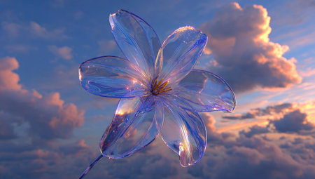 A close-up view presents a translucent flower with delicate blue petals. The artwork is set against a backdrop of a colorful sky filled with puffy clouds and golden sunlight. This composition showcases a dreamlike atmosphere and is suitable for various design projects and visual content.の素材