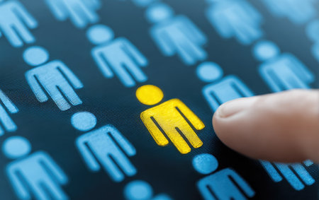This digital illustration features a crowd of blue figures with one prominent yellow figure. A close-up view displays a finger pointing towards the distinctive person. The composition uses a dark, smooth background, suggesting a modern or virtual environment. Suitable for conceptual projects, this image may be used to represent concepts such as innovation or uniqueness.の素材