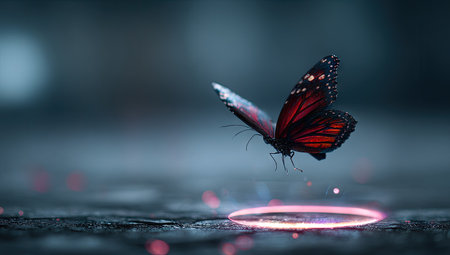 A butterfly with striking red and black wings hovers above a glowing circle in this image. The scene is bathed in cool tones, with a blurred background that enhances the focus on the butterfly. The composition uses selective lighting, suggesting a fantasy or conceptual environment. This image could be suitable for various editorial and commercial applications.の素材