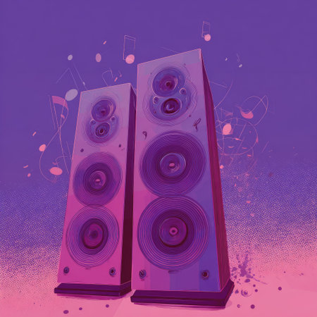 Two tall speakers are depicted against a gradient purple backdrop accented with musical note illustrations. The image features a stylized design with a textured effect, emphasizing the speakers' dimensions. The composition is suitable for promotional materials related to music or audio technology, offering copy space.の素材