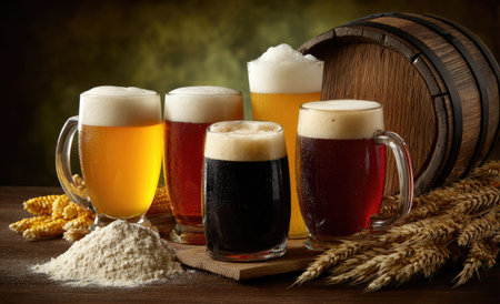 An assortment of beers, each with a distinct color and frothy head, is presented in glass mugs. A wooden barrel provides a backdrop, while ingredients like grain and flour are arranged nearby. The composition uses warm lighting to highlight the beverages, suitable for advertisements or editorial use.の素材
