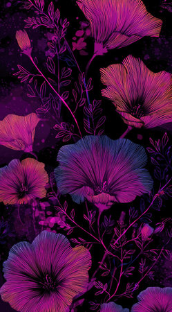 This image showcases an artistic floral arrangement with stylized blooms in shades of purple and pink against a dark background. The artwork features delicate lines and details, with an overhead view composition. The style suggests a decorative design, suitable for various editorial and commercial applications. The lighting appears soft and diffused.の素材