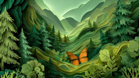 An illustration depicts a forest scene with rolling hills and various trees, a butterfly adding a focal point. The image showcases layers of green hues, textures, and depth. The setting suggests an outdoor environment, possibly daytime. This image is suitable for various commercial uses.の素材