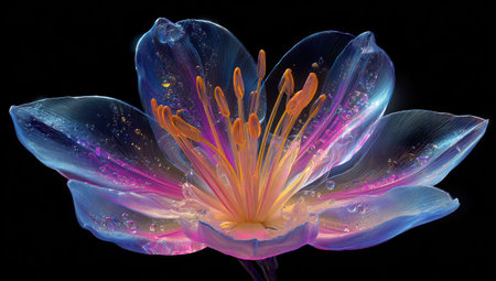 A close-up captures a luminous flower with translucent petals, exhibiting a spectrum of colors from blue to pink and orange. The image showcases intricate details and textures, likely captured indoors against a black background. Suitable for various design projects, including decorative applications or editorial content.の素材