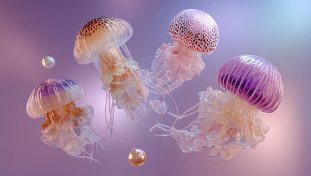This image features several colorful jellyfish against a soft, gradient background. The jellyfish exhibit diverse hues, ranging from orange and purple to white, showcasing intricate details. The composition utilizes a diffused lighting scheme, possibly suggesting an underwater environment, suitable for various editorial and commercial applications.の素材