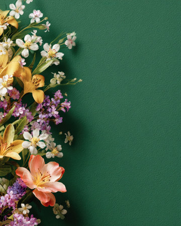 An assortment of colorful flowers, including lilies and other spring blooms, fills the left side of this image. The flowers showcase a range of colors from yellow to pink against a solid green backdrop. This composition could be suitable for a variety of projects, including print media or digital advertising.の素材