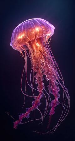 A radiant jellyfish showcases its delicate form against a deep, dark backdrop. The image reveals vibrant hues, with a gradient from pink to orange, highlighting the creature's translucent body. The composition presents a vertical view, suggesting a marine environment suitable for various commercial and editorial applications.の素材