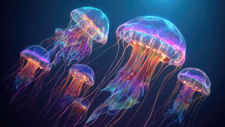 This image showcases several luminous jellyfish, exhibiting a spectrum of colors. The digital illustration highlights the creatures' translucent bodies and flowing tentacles against a dark background, suggesting a deep-sea environment. This artwork is suitable for various commercial purposes, including use in educational materials or creative projects.の素材