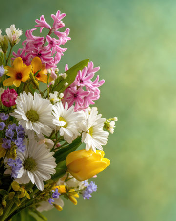 A diverse bouquet of flowers showcases a range of colors including pink, yellow, and white. The arrangement is set against a blurred green background, creating a soft focus. The image uses natural light, and offers a visually appealing composition, suitable for design and decorative purposes.の素材